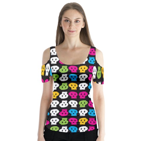 Pattern Painted Skulls Icreate Butterfly Sleeve Cutout Tee  by iCreate