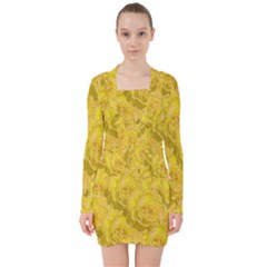 Summer Yellow Roses Dancing In The Season V-neck Bodycon Long Sleeve Dress