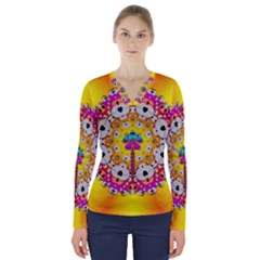 Fantasy Flower In Tones V-neck Long Sleeve Top