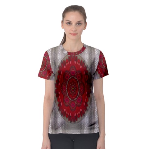 Strawberry  With Waffles And Fantasy Flowers In Harmony Women s Sport Mesh Tee by pepitasart