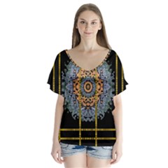 Blue Bloom Golden And Metal V-neck Flutter Sleeve Top by pepitasart