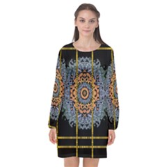 Blue Bloom Golden And Metal Long Sleeve Chiffon Shift Dress  by pepitasart