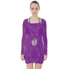 Fantasy-flowers In Harmony  In Lilac V-neck Bodycon Long Sleeve Dress