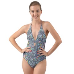 Cactus Pattern Green  Halter Cut-out One Piece Swimsuit