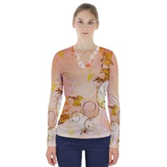 Wonderful Floral Design In Soft Colors V-neck Long Sleeve Top