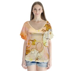 Wonderful Floral Design In Soft Colors V-neck Flutter Sleeve Top by FantasyWorld7