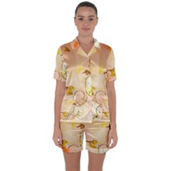 Wonderful Floral Design In Soft Colors Satin Short Sleeve Pyjamas Set