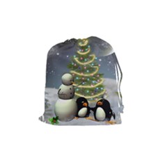 Funny Snowman With Penguin And Christmas Tree Drawstring Pouches (medium)  by FantasyWorld7