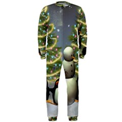 Funny Snowman With Penguin And Christmas Tree Onepiece Jumpsuit (men)  by FantasyWorld7