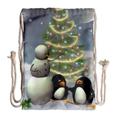 Funny Snowman With Penguin And Christmas Tree Drawstring Bag (large) by FantasyWorld7