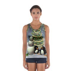 Funny Snowman With Penguin And Christmas Tree Sport Tank Top  by FantasyWorld7