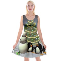 Funny Snowman With Penguin And Christmas Tree Reversible Velvet Sleeveless Dress by FantasyWorld7