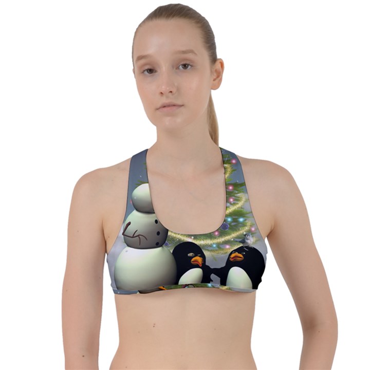 Funny Snowman With Penguin And Christmas Tree Criss Cross Racerback Sports Bra