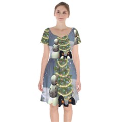 Funny Snowman With Penguin And Christmas Tree Short Sleeve Bardot Dress by FantasyWorld7