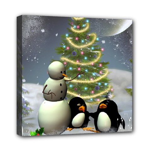 Funny Snowman With Penguin And Christmas Tree Mini Canvas 8  X 8  by FantasyWorld7