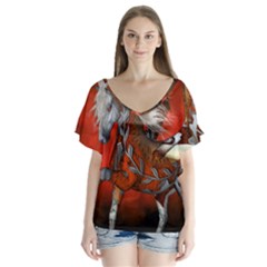 Awesome Steampunk Horse With Wings V-neck Flutter Sleeve Top by FantasyWorld7