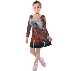 Awesome Steampunk Horse With Wings Kids  Long Sleeve Velvet Dress by FantasyWorld7