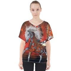 Awesome Steampunk Horse With Wings V-neck Dolman Drape Top