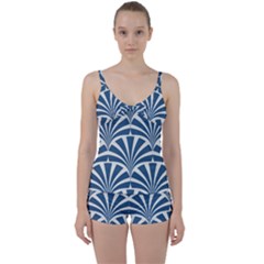 Teal,white,art Deco,pattern Tie Front Two Piece Tankini