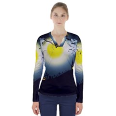 Halloween Landscape V-neck Long Sleeve Top