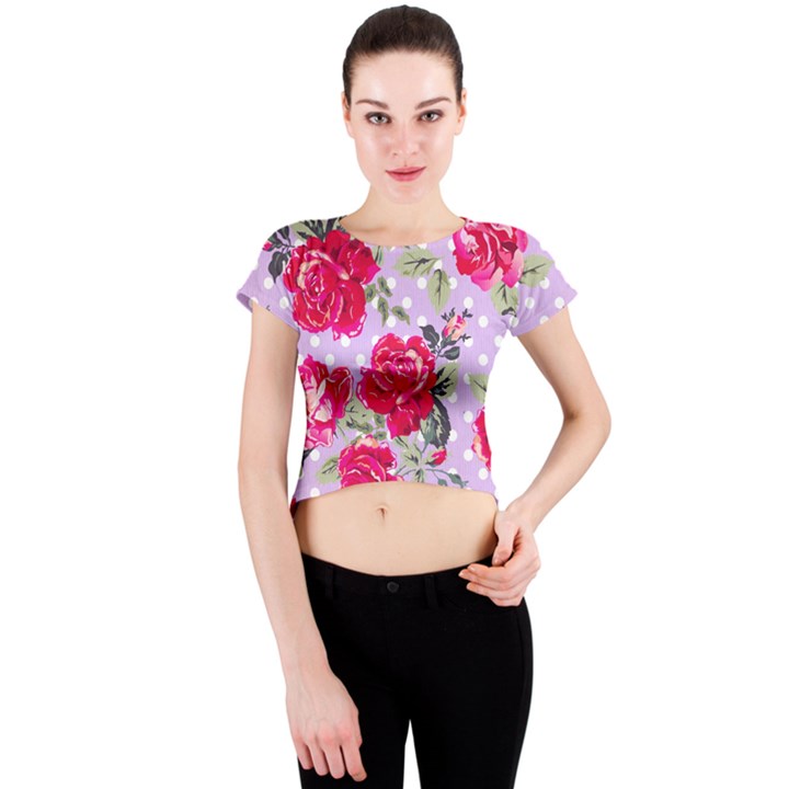 Shabby chic,pink,roses,polka dots Crew Neck Crop Top