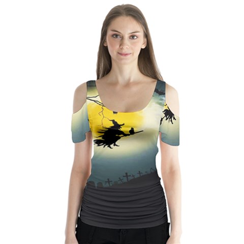 Halloween Landscape Butterfly Sleeve Cutout Tee  by Valentinaart