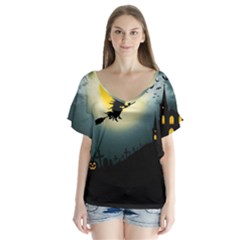 Halloween landscape V-Neck Flutter Sleeve Top