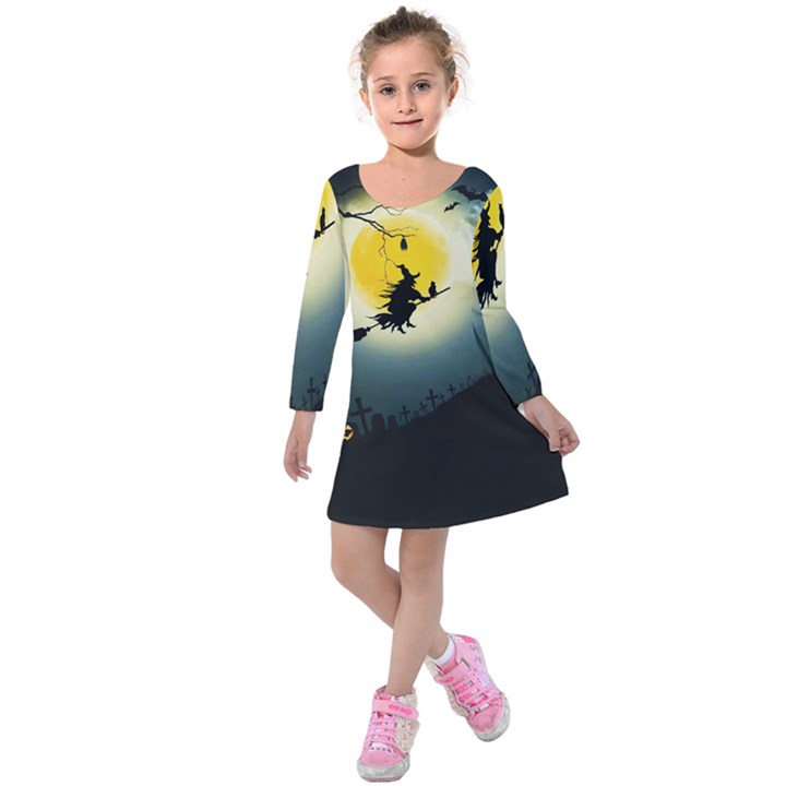 Halloween landscape Kids  Long Sleeve Velvet Dress