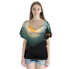 Halloween Landscape V-neck Flutter Sleeve Top by Valentinaart