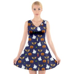 Halloween Pattern V-neck Sleeveless Skater Dress by Valentinaart