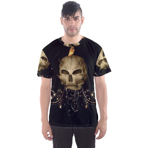 Golden Skull With Crow And Floral Elements Men s Sports Mesh Tee by FantasyWorld7