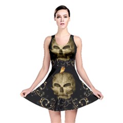 Golden Skull With Crow And Floral Elements Reversible Skater Dress by FantasyWorld7