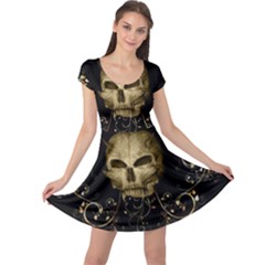 Golden Skull With Crow And Floral Elements Cap Sleeve Dress by FantasyWorld7