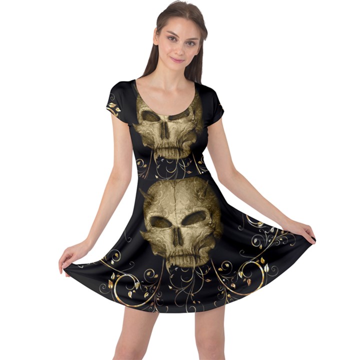 Golden Skull With Crow And Floral Elements Cap Sleeve Dress