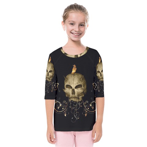 Golden Skull With Crow And Floral Elements Kids  Quarter Sleeve Raglan Tee by FantasyWorld7