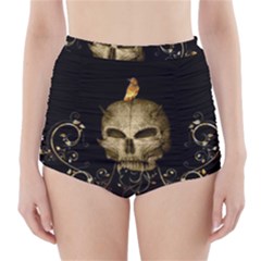 Golden Skull With Crow And Floral Elements High-waisted Bikini Bottoms by FantasyWorld7