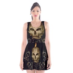 Golden Skull With Crow And Floral Elements Scoop Neck Skater Dress by FantasyWorld7