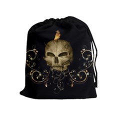 Golden Skull With Crow And Floral Elements Drawstring Pouches (extra Large) by FantasyWorld7