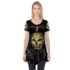 Golden Skull With Crow And Floral Elements Short Sleeve Tunic  by FantasyWorld7