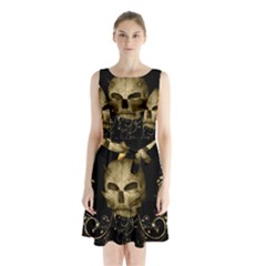 Golden Skull With Crow And Floral Elements Sleeveless Waist Tie Chiffon Dress by FantasyWorld7