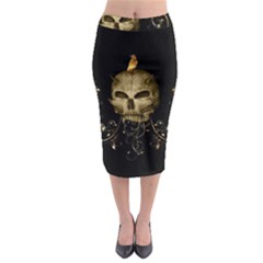 Golden Skull With Crow And Floral Elements Midi Pencil Skirt by FantasyWorld7