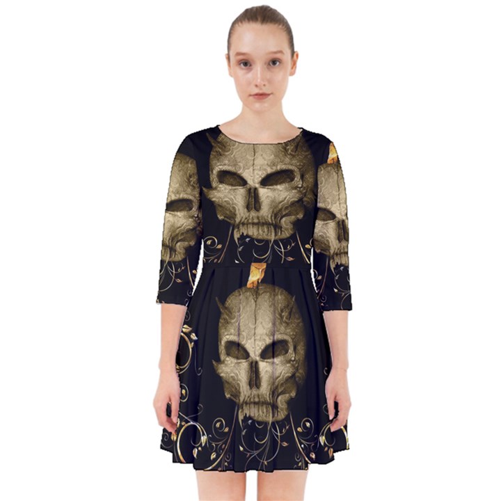 Golden Skull With Crow And Floral Elements Smock Dress