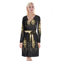 Golden Skull With Crow And Floral Elements Long Sleeve Velvet Front Wrap Dress by FantasyWorld7