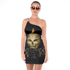 Golden Skull With Crow And Floral Elements One Soulder Bodycon Dress by FantasyWorld7