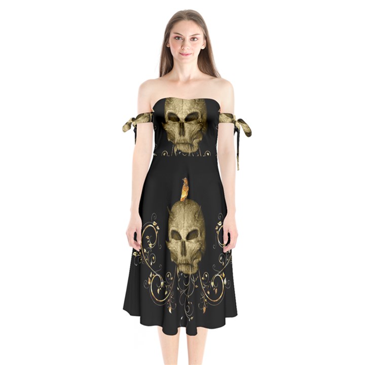 Golden Skull With Crow And Floral Elements Shoulder Tie Bardot Midi Dress