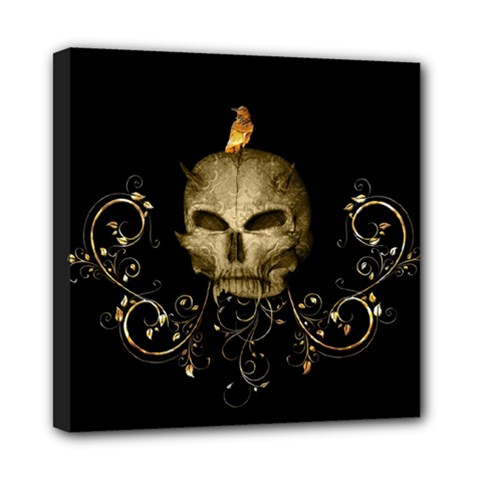 Golden Skull With Crow And Floral Elements Mini Canvas 8  X 8  by FantasyWorld7