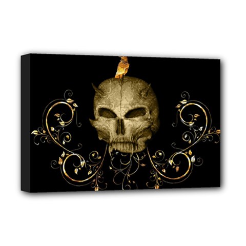 Golden Skull With Crow And Floral Elements Deluxe Canvas 18  X 12   by FantasyWorld7