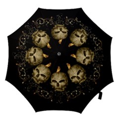 Golden Skull With Crow And Floral Elements Hook Handle Umbrellas (large) by FantasyWorld7