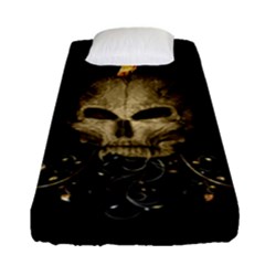 Golden Skull With Crow And Floral Elements Fitted Sheet (single Size) by FantasyWorld7