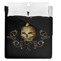 Golden Skull With Crow And Floral Elements Duvet Cover Double Side (queen Size) by FantasyWorld7